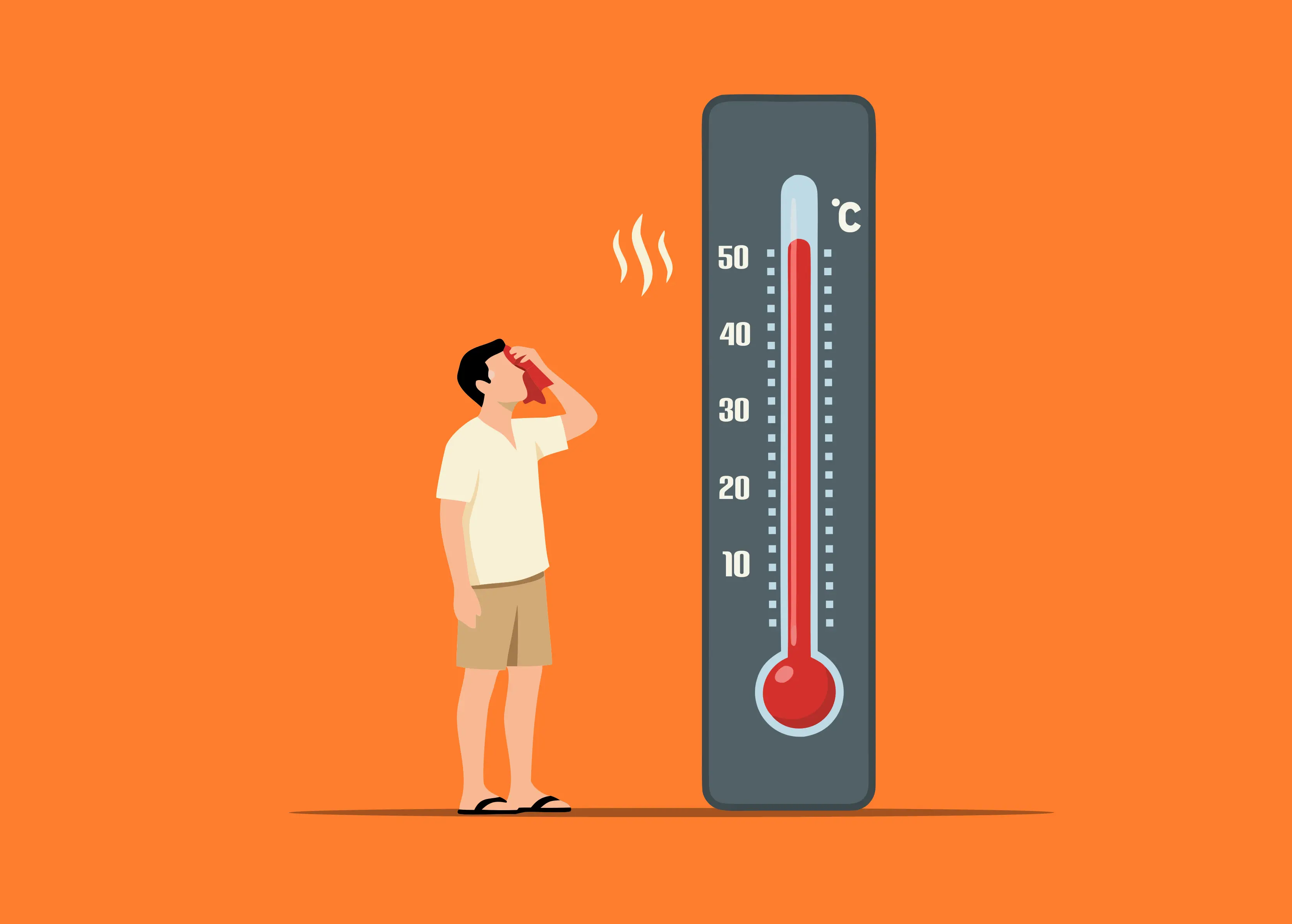Une personne fasse à un thermomètre indiquant 50 degrés celcius. Il a visiblement chaud.